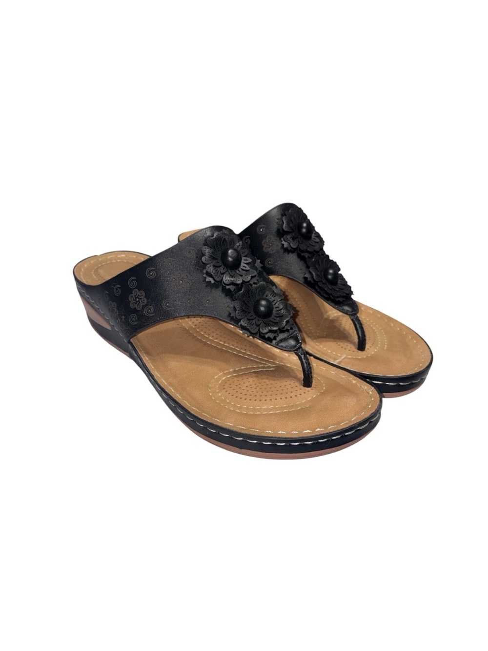 Littleplum Black Floral Embellished Thong Wedge Sandals Women’s Size EU 39 US 8